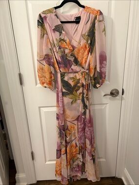 Maison Tara Pink Floral Wrap Maxi Dress with Orange & Purple Blooms